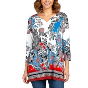 Chico's 2 Sz Large Vibrant Tropical Floral 3/4 Sleeve Tunic Top Blouse